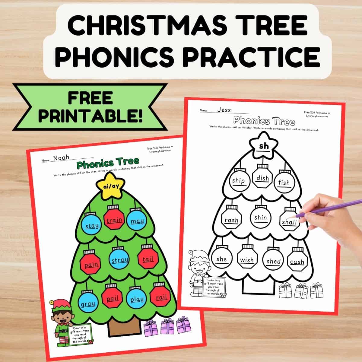 christmas tree phonics worksheet - free printable! - literacy learn